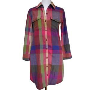 theory Rainbow Plaid Collared Shirt Dress Size 4 100% Cotton